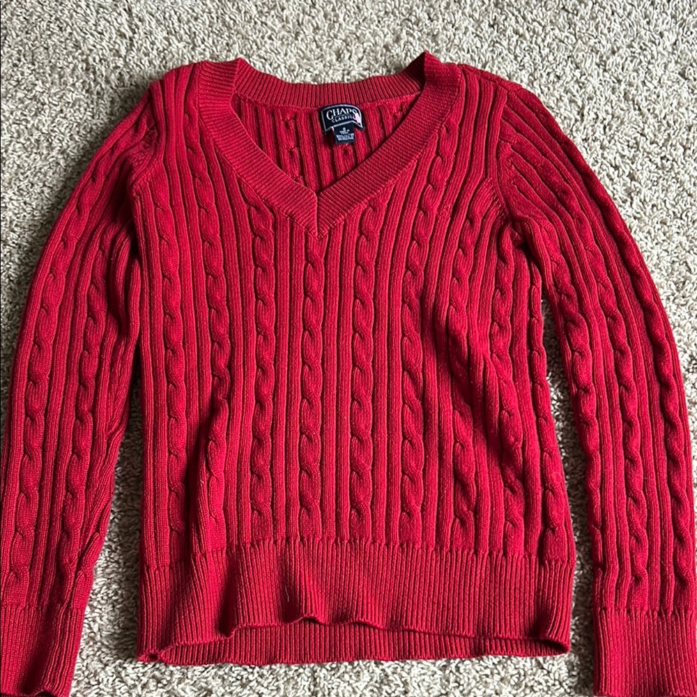 Chaps Red V-Neck Cable Knit Sweater